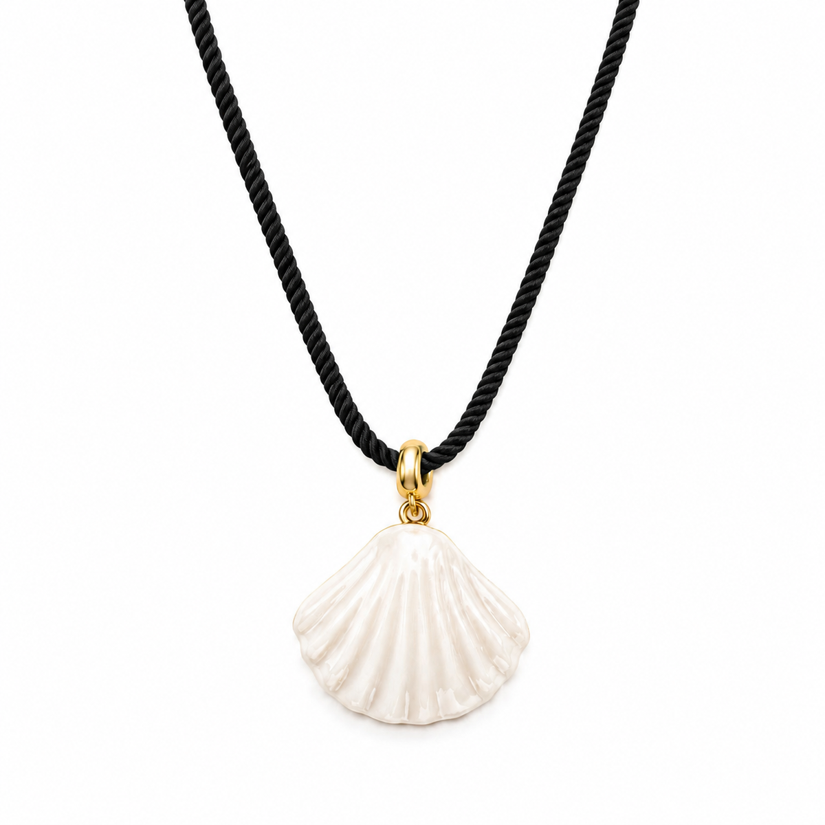 A white scallop shell pendant necklace with a textured finish, suspended from a black twisted cord with a gold-colored bail, shown against a plain white background.