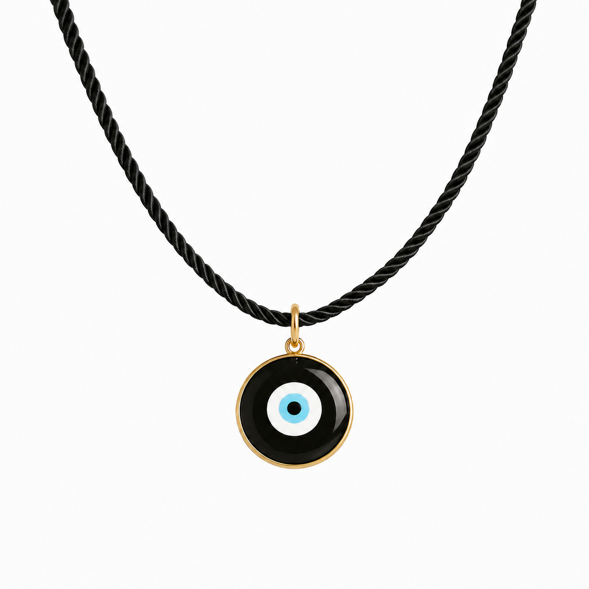 A black twisted cord necklace featuring a circular evil eye pendant with a gold bezel, black background, and light blue and white eye details, shown against a plain white background.