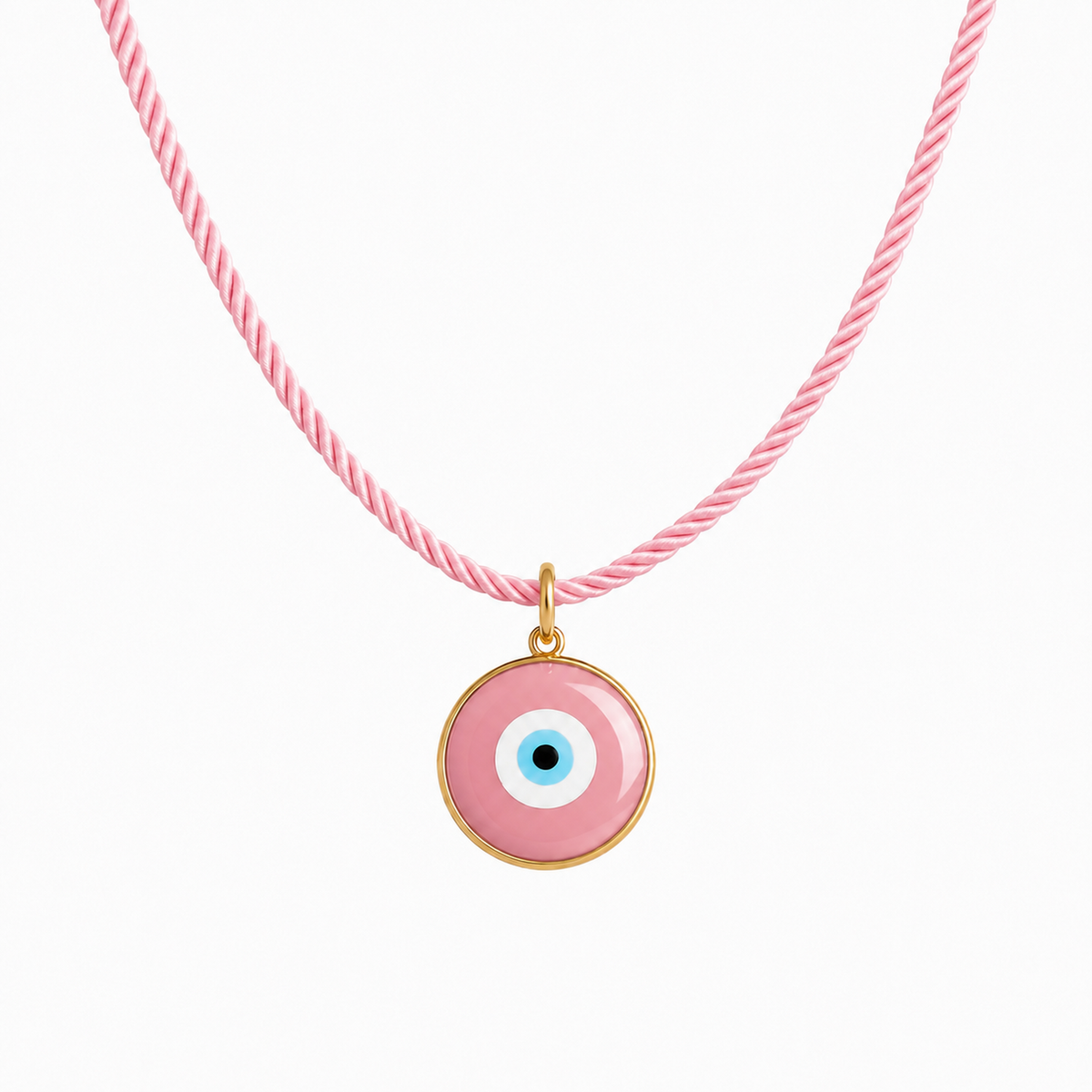 A pink twisted cord necklace featuring a circular evil eye pendant with a gold-tone bezel and a pink, blue, and white eye design.