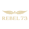 Gold 'REBEL 73' logo with wings on a white background