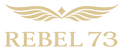 Gold 'REBEL 73' logo with wings on a white background